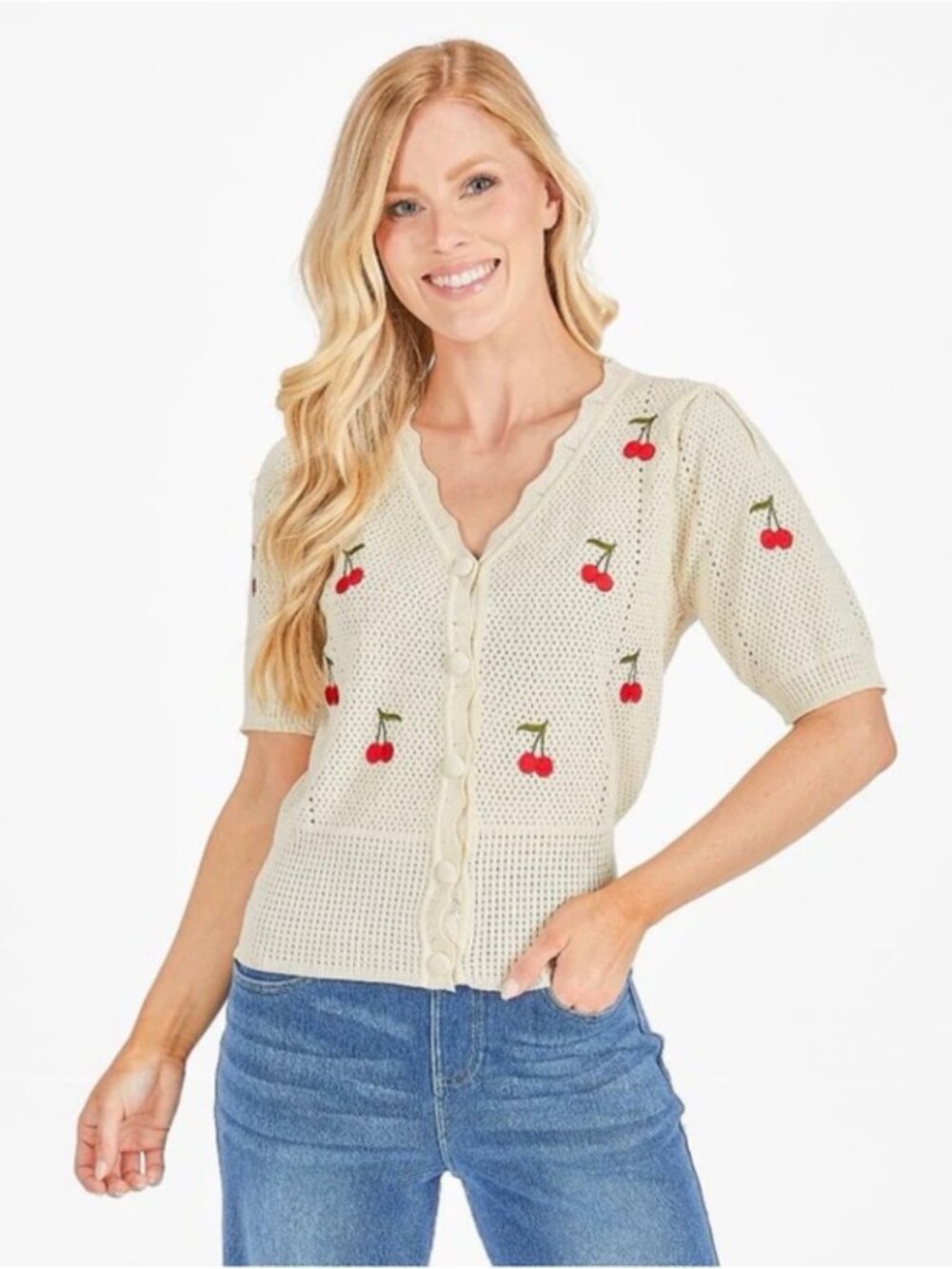 Simply Southern Cream Knit Cherry Button-Front Cardigan